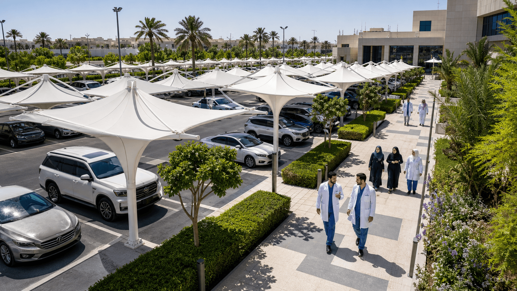 Car Parking Shades for Saudi Schools, Hospitals and Commercial Buildings