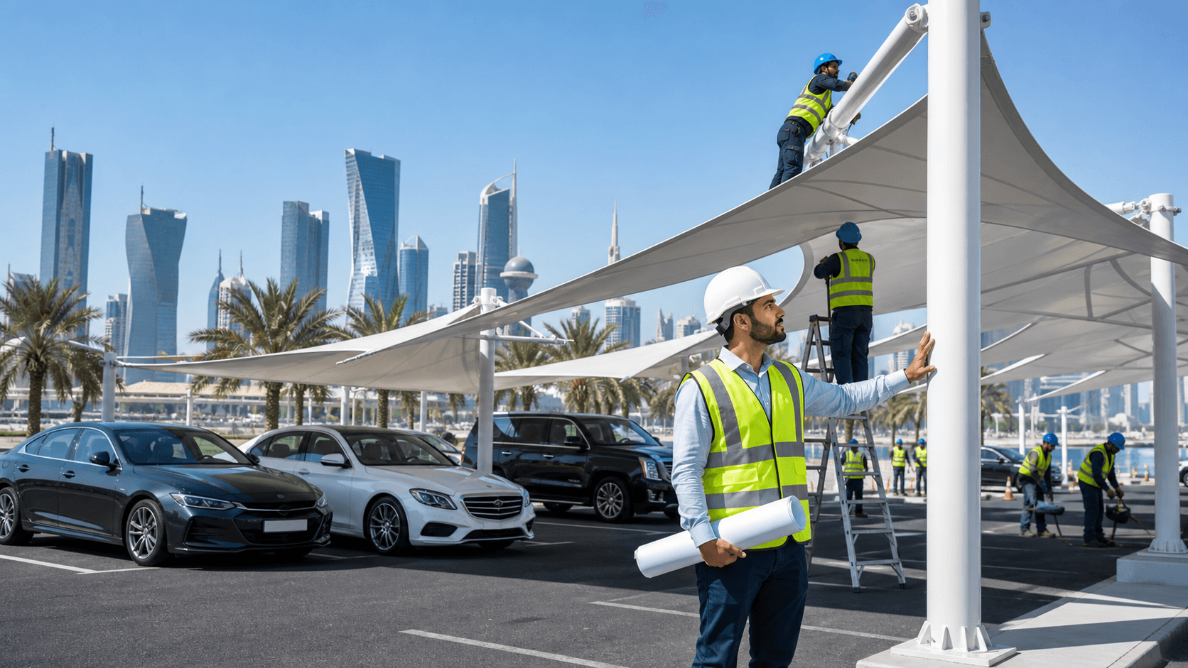Modern shaded parking canopy covering rows of cars in a sunlit Saudi Arabian lot under a clear blue sky