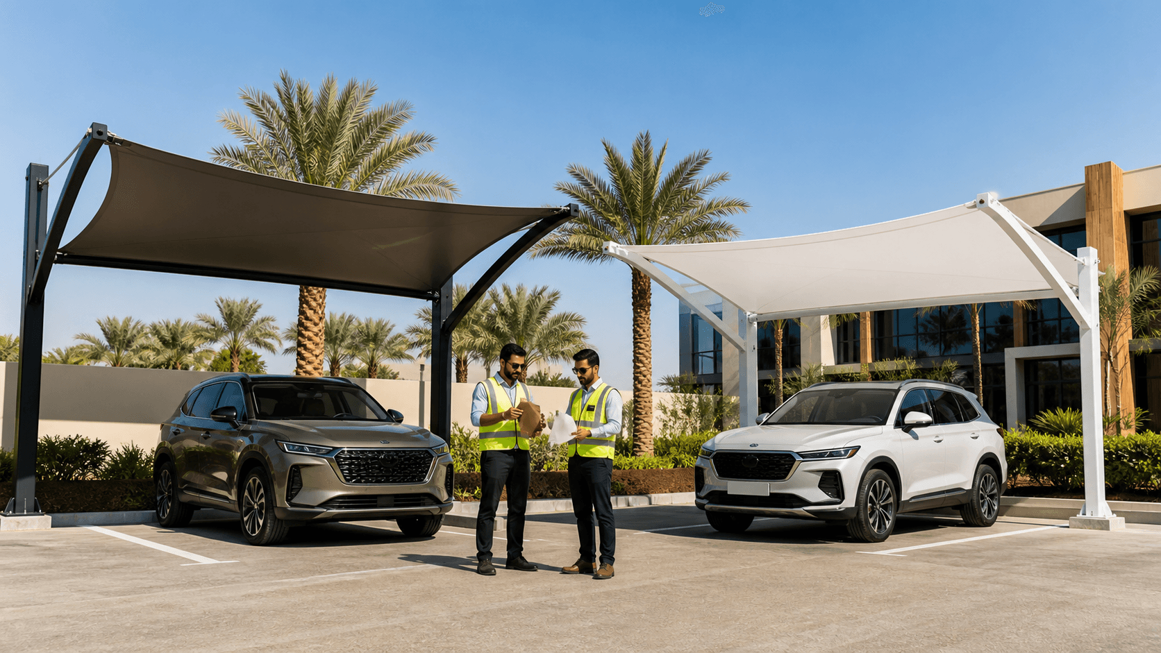 White tensile car shades cover parked vehicles beneath a bright blue Saudi sky.